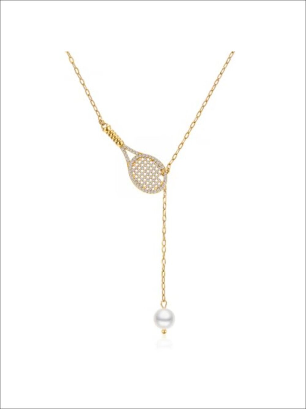 Tennis Racket Lariat Necklace Gold Stainless Steel Pearl Y Necklace